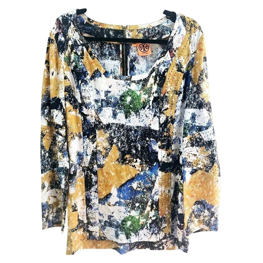 Tory Burch‎ 100% Silk Abstract Print Long Sleeve Top Size 8 Multi-Color Blouse